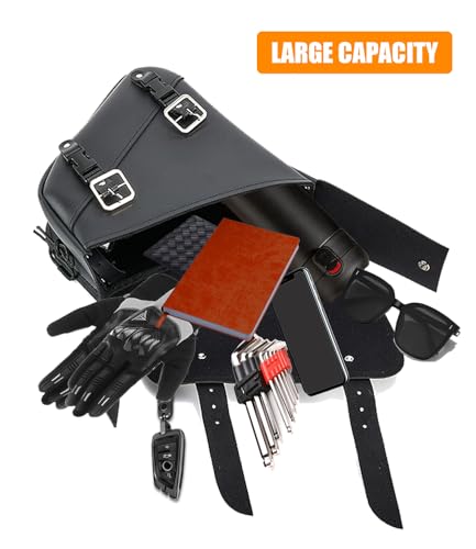 Motorcycle Saddle Bags Leather Motorcycle Solo Swing Arm Bag For Softails Sportsters Choppers Waterproof Side Bags (Left Side / Black)