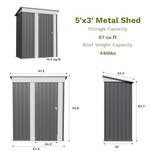 5x3 FT Outdoor Storage Shed (Gray / 5x3 FT)