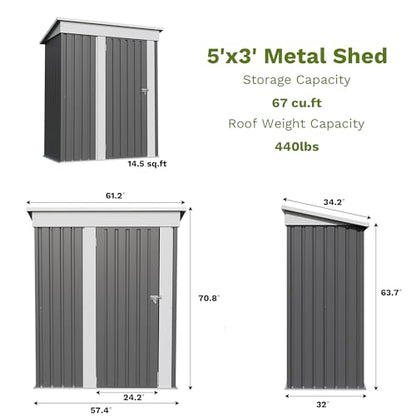 5x3 FT Outdoor Storage Shed (Gray / 5x3 FT)