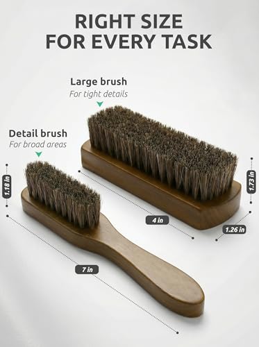 Leather & Upholstery Cleaning Brush Set with Compact Wood Handle (Brown)