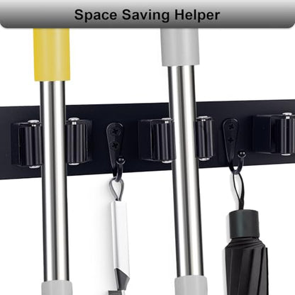 Broom Holder Wall Mount With 5 Slots & 4 Hooks (Black)
