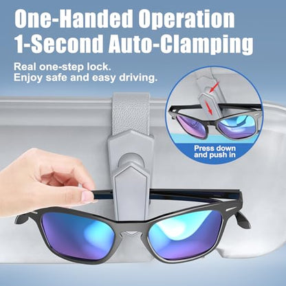 One-Handed-Operation Sunglasses Holder for Car, Visor Sunglass Holder Clip, Car Accessories Interior, Universal Fit Silicone Padded Visor Sunglass Holder Car, Unmatched Durability (2 Pack) (2 Pack / Grey)