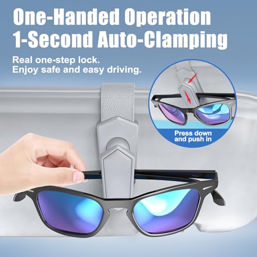 One-Handed-Operation Sunglasses Holder for Car, Visor Sunglass Holder Clip, Car Accessories Interior, Universal Fit Silicone Padded Visor Sunglass Holder Car, Unmatched Durability (2 Pack) (2 Pack / Grey)
