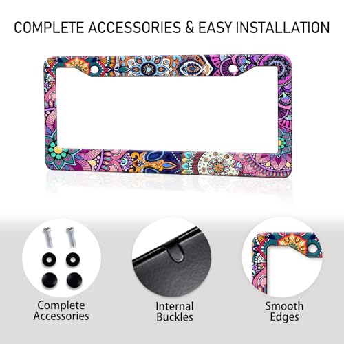 Mandala License Plate Frame Cute Floral Purple License Plate Holder Boho Flower Car Tag Holder Frame Metal Aluminum Rustproof Car Accessories for Women with 2 Holes and Screws 12.2 x 6.3 Inches (Mandala Pattern)
