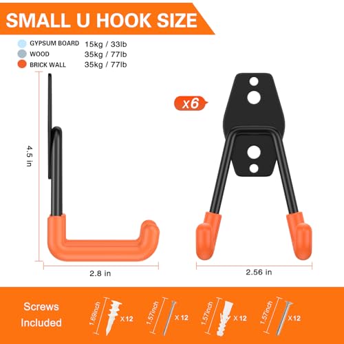 Heavy Duty Garage Hooks 6 Pack (6 Pack 2.8inch U Hook / Orange)