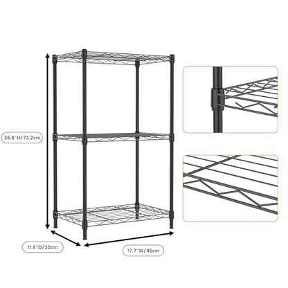 3 Tiers Shelf Metal Storage Shelves Wire Rack Closet Organizers with Wheel for Garage Kitchen Bathroom Laundry Black 11.8" D x 17.7" W x 28.8" H (3 Tiers, 11.8"D x 17.7"W x 28.8"H / Black)