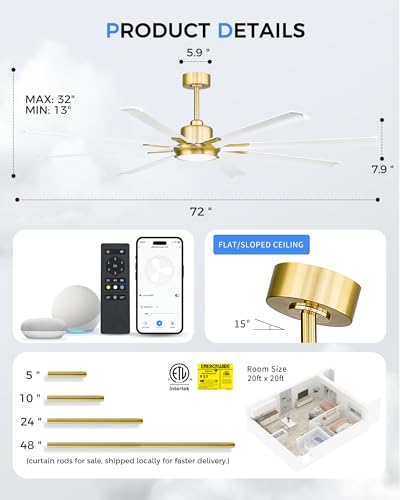 72 Inch Large Ceiling Fan with Light (White & Gold / 72 Inch)