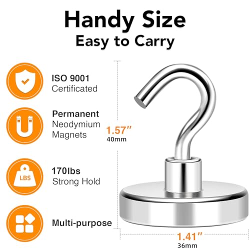 Magnetic Hooks Heavy Duty 170LB+ Strong Neodymium Magnets (Silver / 8Pack-150LB)