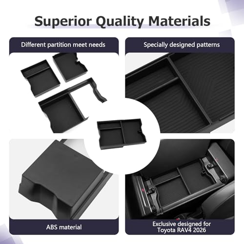2026 RAV 4 Center Console Organizer Compatible with 2026 Toyota RAV 4 Accessories Armrest Console Secondary Storage Box Insert Tray ABS Material Black