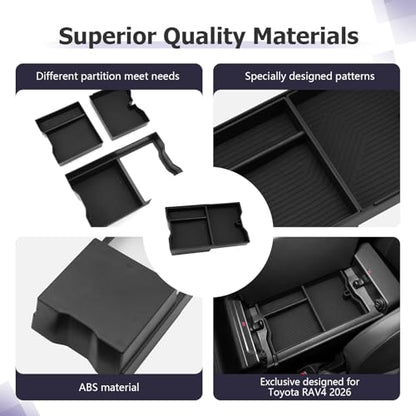 2026 RAV 4 Center Console Organizer Compatible with 2026 Toyota RAV 4 Accessories Armrest Console Secondary Storage Box Insert Tray ABS Material Black