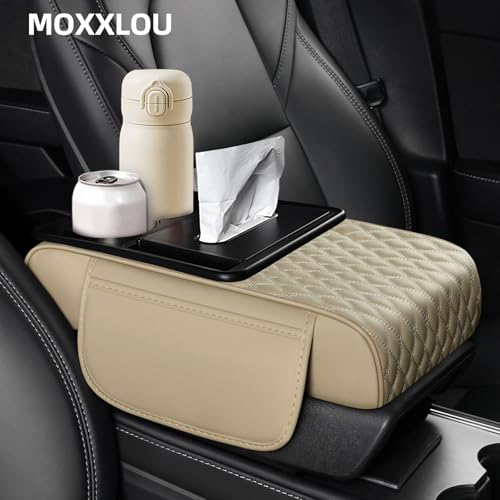5-in-1 Car Center Console Armrest Cover Pad, Multifunctional Car Arm Rest Organizer with Cup Holder, Tissue Slot & Side Storage Pockets, Soft Leather Auto Armrest Cushion, Beige (Beige)