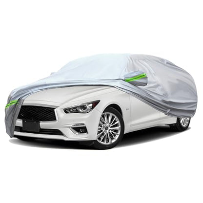 6 Layers Premium Full Car Cover Hard Shell Zipper Design Waterproof All Weather Weatherproof UV Sun Protection Snow Dust Storm Resistant Outdoor with Straps (Green reflective strip / Sedan-M ( Fit for Sedan 178"- 189" ))