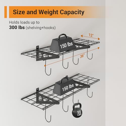 2 Pack 1x3 ft Garage Shelving with 8 Bike Hooks (Black / 2 pack-1x3 ft)