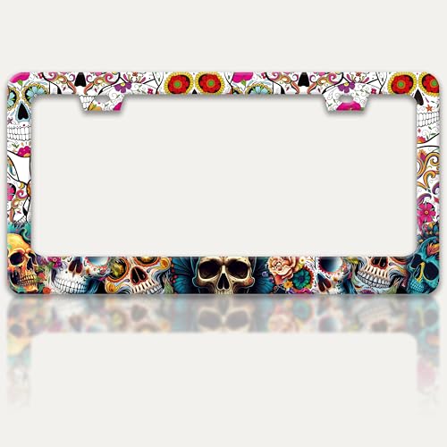 Sugar Skull License Plate Frame Skeleton License Plate Holder 6x12 Inch (Sugar Skull)