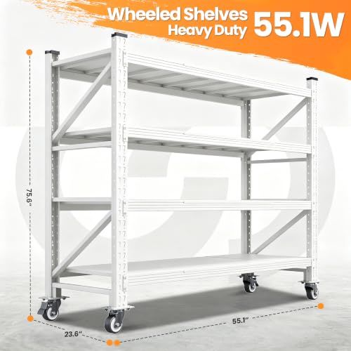 55.1” Wide Heavy Duty Metal Garage Shelving (White / 55.1"Wx23.6"Dx75.6"H)