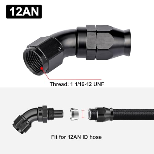 12AN 45 Degree PTFE One Piece Full Flow End Hose Fitting Aluminum Black (12AN / 45 Degree)