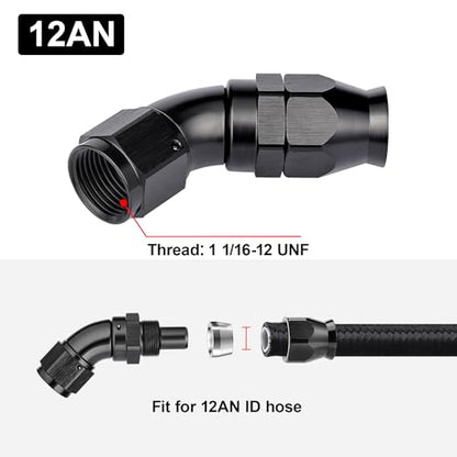12AN 45 Degree PTFE One Piece Full Flow End Hose Fitting Aluminum Black (12AN / 45 Degree)