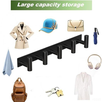 Coat Rack Wall Mounted with 5 Hooks ("T" Shape 5 Hooks - 2 Pack / Black)