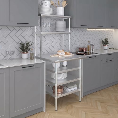 30" x 30" Stainless Steel Work Table with 3 Shelves and 12" Wide Double Tier Overshelf (30" x 30" Table with 3 Shelves + 12" Overshelf)