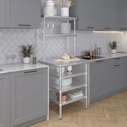 30" x 30" Stainless Steel Work Table with 3 Shelves and 12" Wide Double Tier Overshelf (30" x 30" Table with 3 Shelves + 12" Overshelf)
