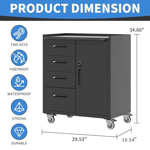 Metal Storage Cabinet for Garage (Black / M - 4 Drawers & 1 Door (Wheeled))