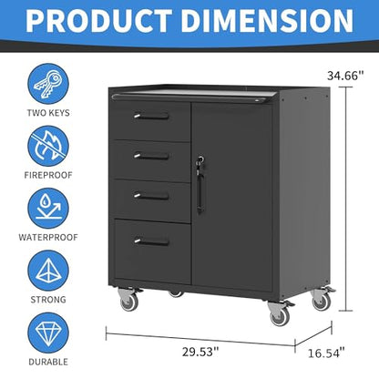 Metal Storage Cabinet for Garage (Black / M - 4 Drawers & 1 Door (Wheeled))