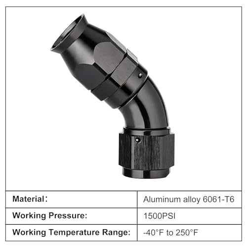 8AN 45 Degree PTFE One Piece Full Flow End Hose Fitting Aluminum Black (8AN / 45 Degree)