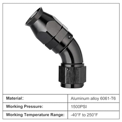 8AN 45 Degree PTFE One Piece Full Flow End Hose Fitting Aluminum Black (8AN / 45 Degree)
