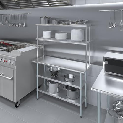 Stainless Steel Work Table with 2 Shelves (18" x 48" Table With 2 Shelves + 12" Overshelf)