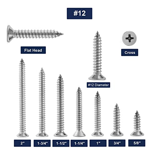 12 x 1-1/2" Wood Screw 100Pcs 18-8 (304) Stainless Steel Screws Flat Head Phillips Fast Self Tapping Drywall Screws by SG TZH (#12 x 1-1/2")
