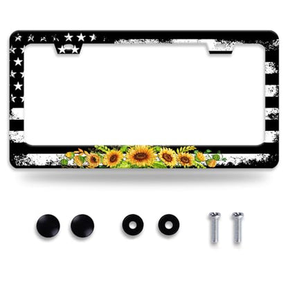 American Flag Sunflower License Plate Frame Patriotic Floral License Plate Frames for Car Decorative Parts Stainless Stee License Plate for Standard Us Canada Funny License Plate Holder 12x6 Inch (American Flag Sunflower)