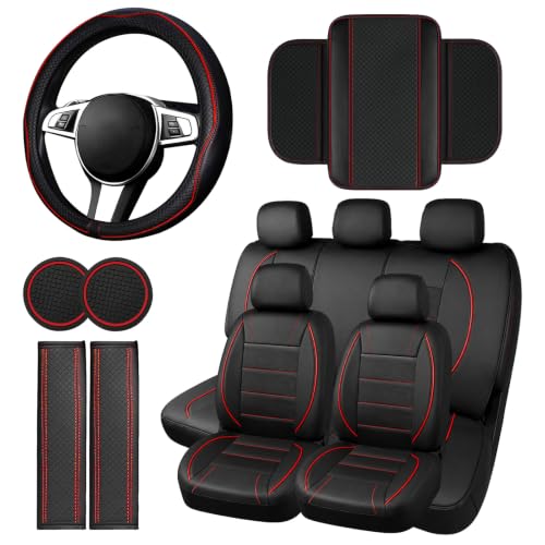14 PCS Leather Car Seat Covers Full Set (Steering Wheel Cover Set / Black & red)