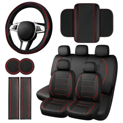 14 PCS Leather Car Seat Covers Full Set (Steering Wheel Cover Set / Black & red)