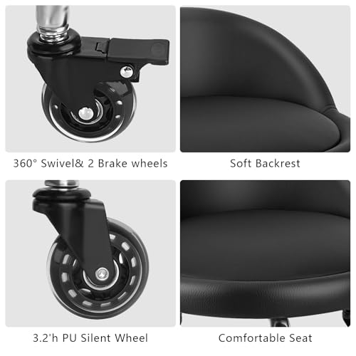Rolling Stool with Backrest Low Height Rolling Stool with PU Leather (3.2"h Casters)