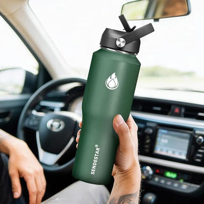 Water Bottle Wide Mouth Stainless Steel Vacuum Insulated Double Wall Keep Liquids Cold or Hot All Day (Dark Green / 32 Ounces)