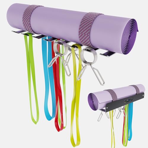 Gym Storage Rack With 8 Hooks Multi Purpose Resistance Band Rack Wall Mount Barbell Rack for Exercise Bands (3mm Black 7 Hooks)