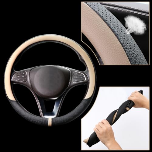 Breathable Car Steering Wheel Cover 15 inch Auto Universal Leather Wrap Non (A-Beige / M (14.5"-15"))