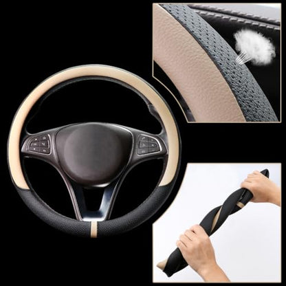 Breathable Car Steering Wheel Cover 15 inch Auto Universal Leather Wrap Non (A-Beige / M (14.5"-15"))