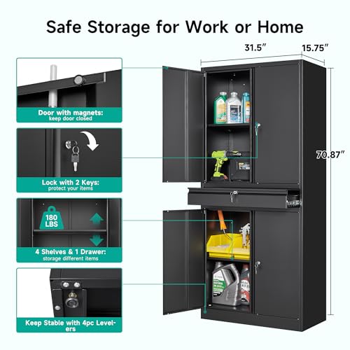 Metal Garage Storage Cabinet with Drawer and Lock (71"H x 31.5"W x 16"D / Black)
