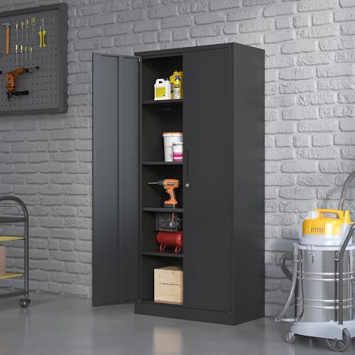 Metal Storage Cabinet for Garage (Black / L - 2 Doors & 5 Shelves (Wheelless))