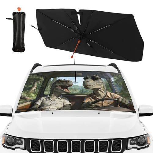 Dinosaur Car Windshield Sun Shade Umbrella Bendable Handle Foldable Funny Dinosaur Animal Driving Sunshade for Car Windshield Block UV Rays Keep Vehicle Cool for Most Sedans SUV Trucks 57"x30" (147*75cm,33*11cm / Dinosaur)