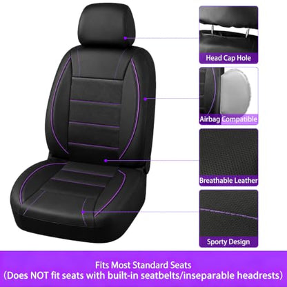 10 PCS Leather Car Seat Covers Front Seats Set (Steering Wheel Cover Set / Black and purple)