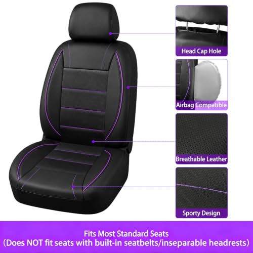 14 PCS Leather Car Seat Covers Full Set (Steering Wheel Cover Set / Black & purple)