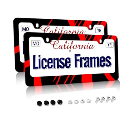 Stainless Steel Red Black License Plate Frame Red Metal License Plate Frame Car Tag Frame Holder Cover Front Rear Car License Plate Covers for Men Women 12.3" X 6.3" (Black Red License Plate Frame / one size)