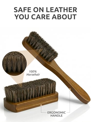 Leather & Upholstery Cleaning Brush Set with Compact Wood Handle (Brown)
