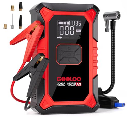 A3 12V 3000A Portable Jump Starter with Air Compressor (Red)