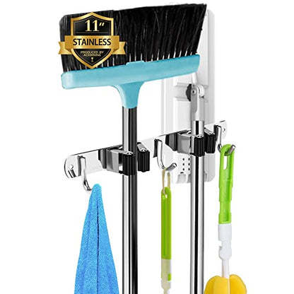 Broom Holder Wall Mount (2 Racks & 3 Hooks (Silver) - 1 Pack)