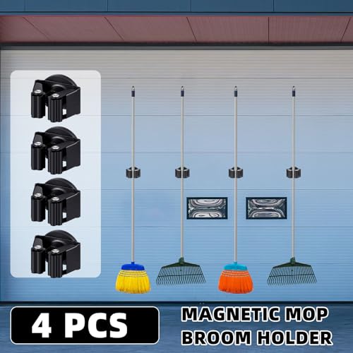 4 Pcs Magnetic Broom Holder Wall Mounted Anti Slip Rack (Black)