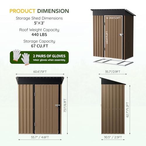 Vertical Outdoor Steel Storage Shed with Floor Frame (5X3FT/Base / Brown)