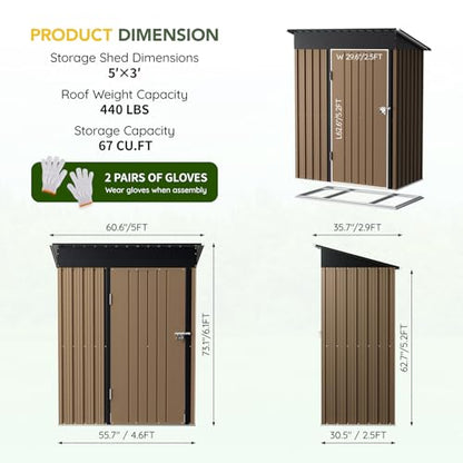 Vertical Outdoor Steel Storage Shed with Floor Frame (5X3FT/Base / Brown)